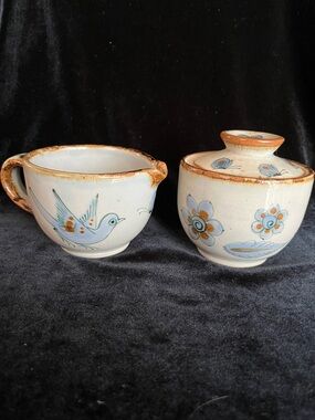 Ken Edward’s El Palomar Tonala Mexico Pottery Bird Flower Creamer & Sugar Set
